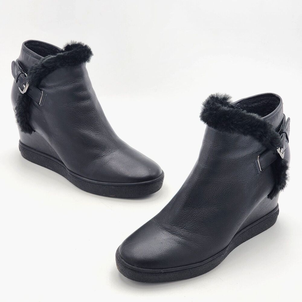 Aquatalia Cameron Fur Trim Buckle Leather Wedge Heel Ankle Booties Black Size 12